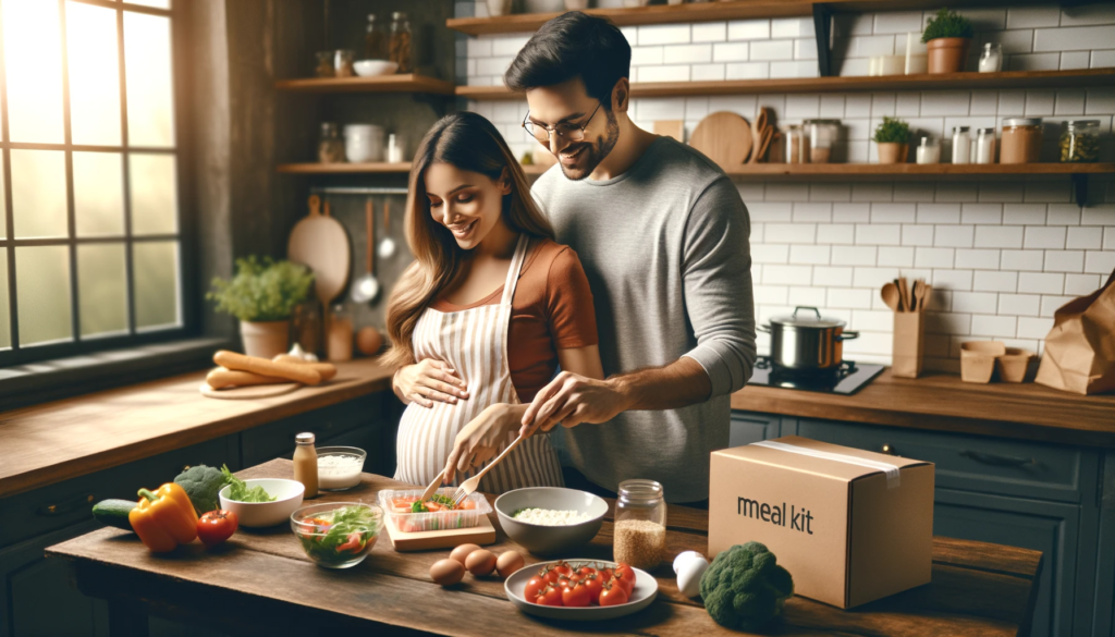 妊婦と彼女のパートナーがキッチンでミールキットを使って一緒に料理を楽しんでいるシーンを描いています。二人は協力して料理をしており、共働き夫婦の関係における協力とサポートの重要性が強調されています。